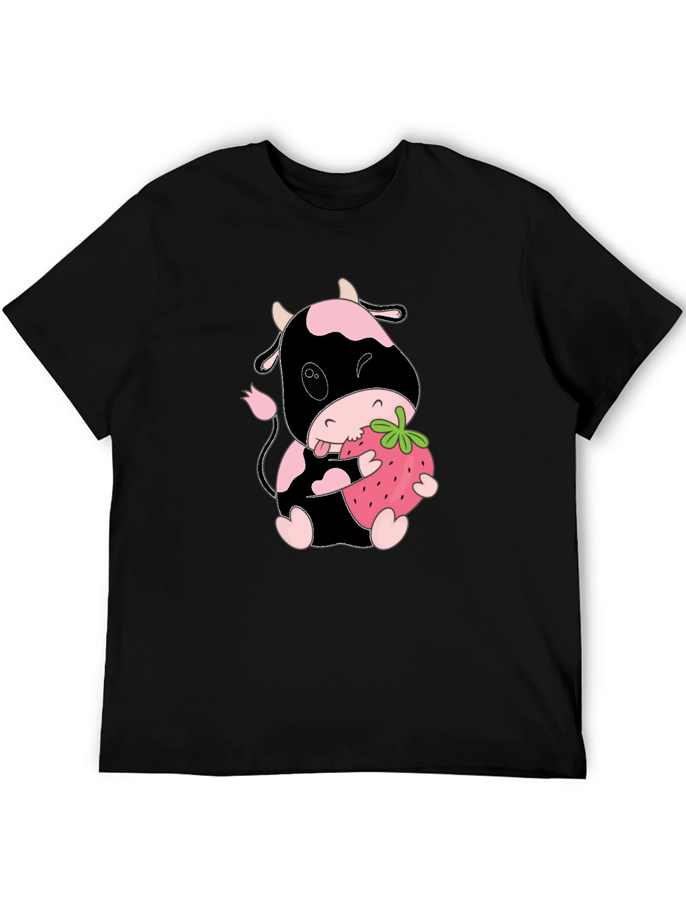 Cute Cow Eating Strawberry Black T-Shirt