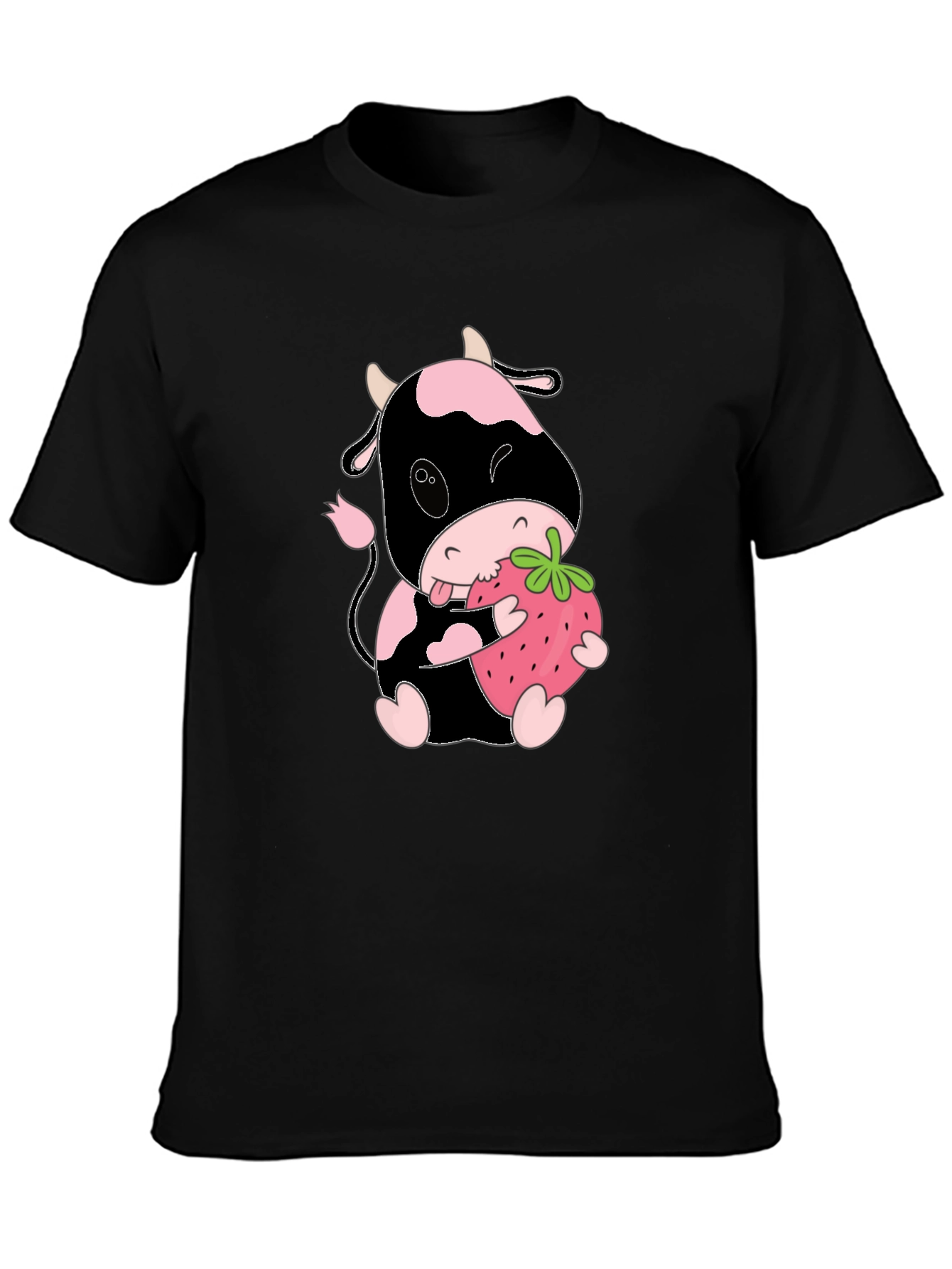 Cute Cow Eating Strawberry Black T-Shirt