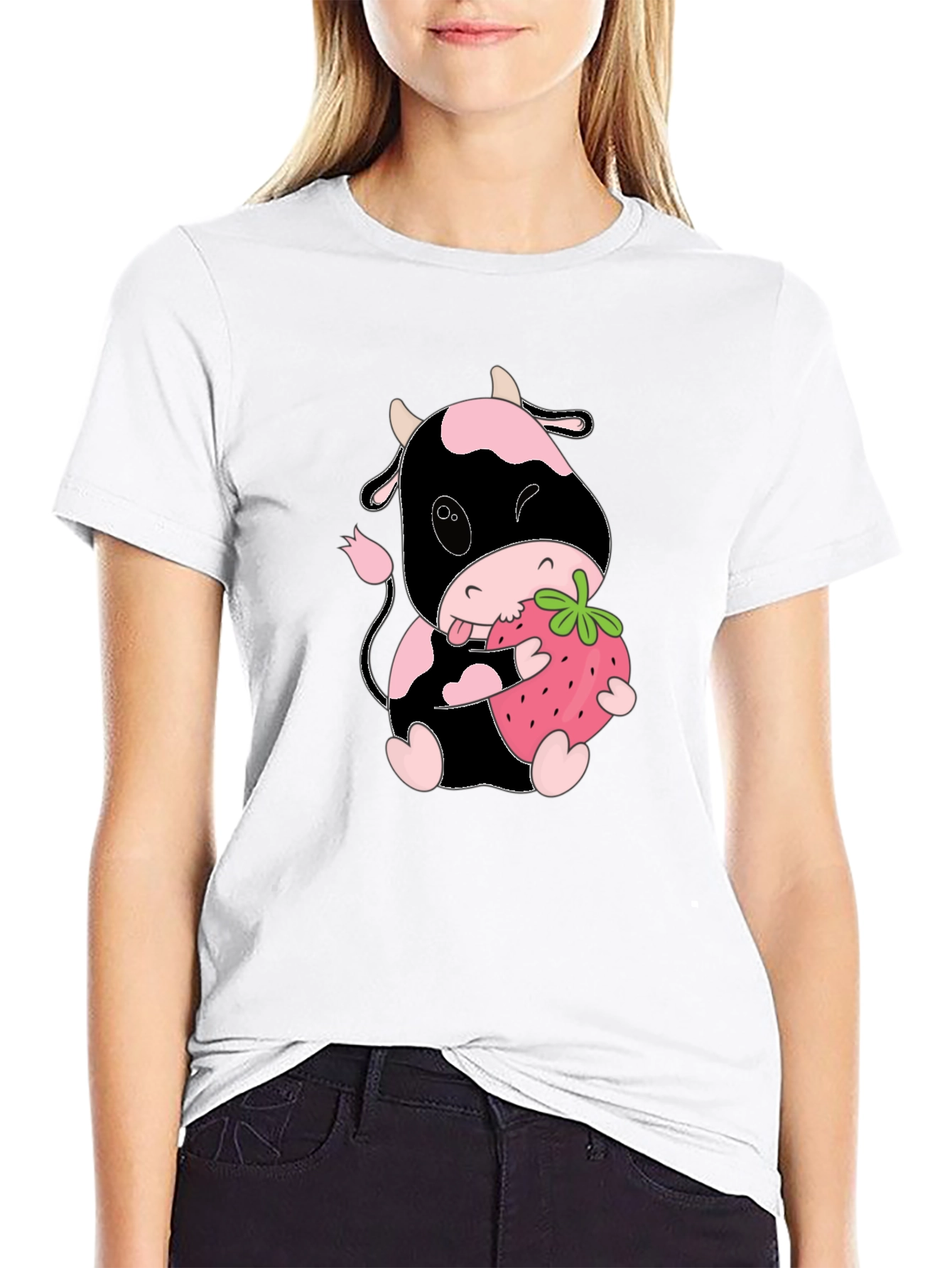 Cute Cow Eating Strawberry Black T-Shirt