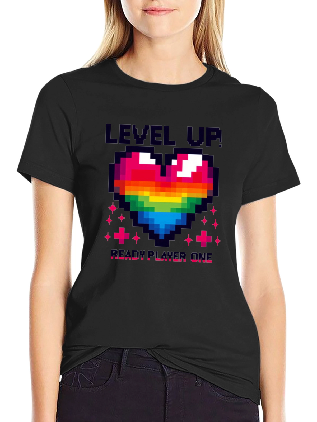Level Up! Pixel Art Rainbow Heart Gamer T-Shirt