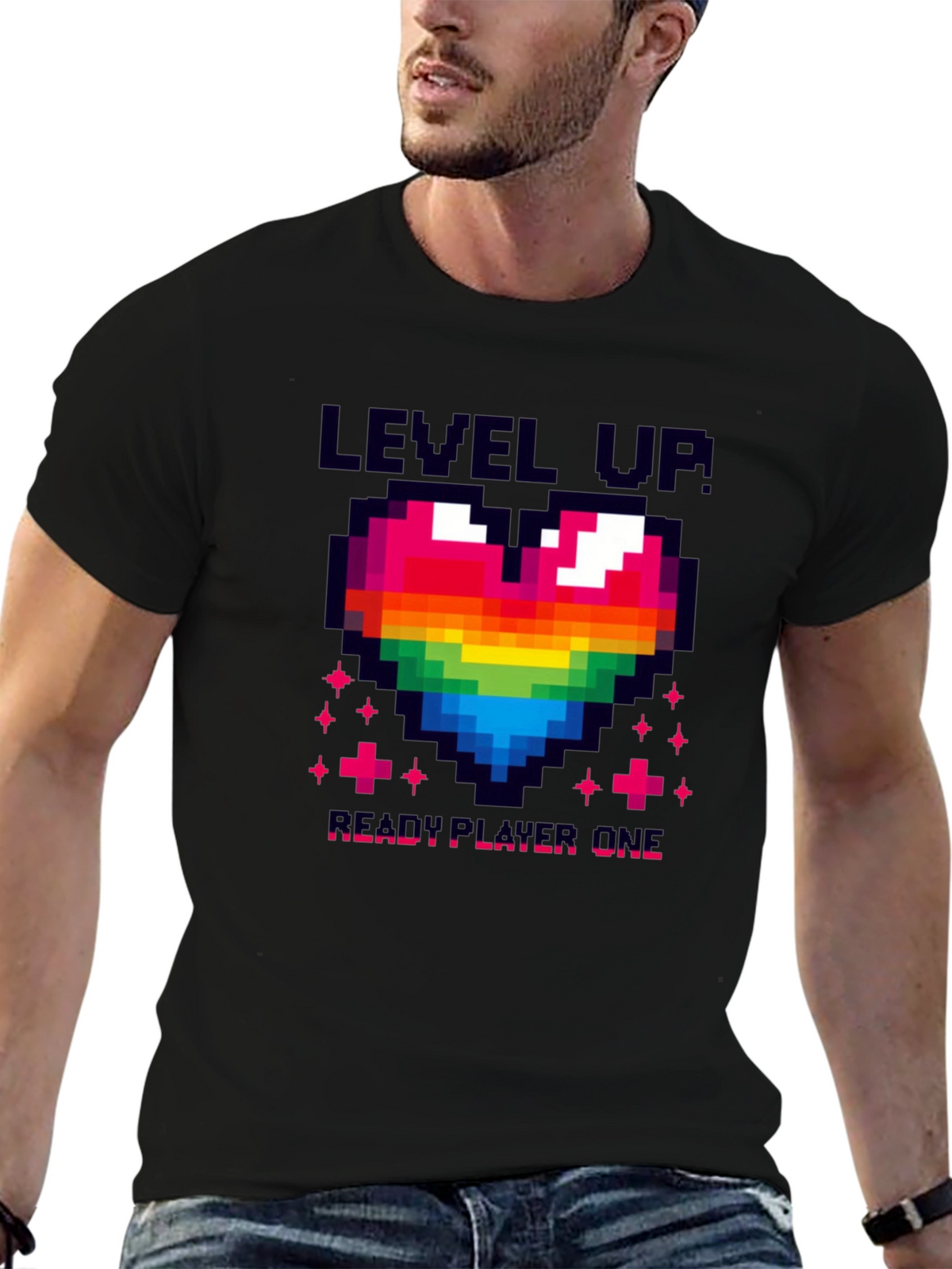 Level Up! Pixel Art Rainbow Heart Gamer T-Shirt