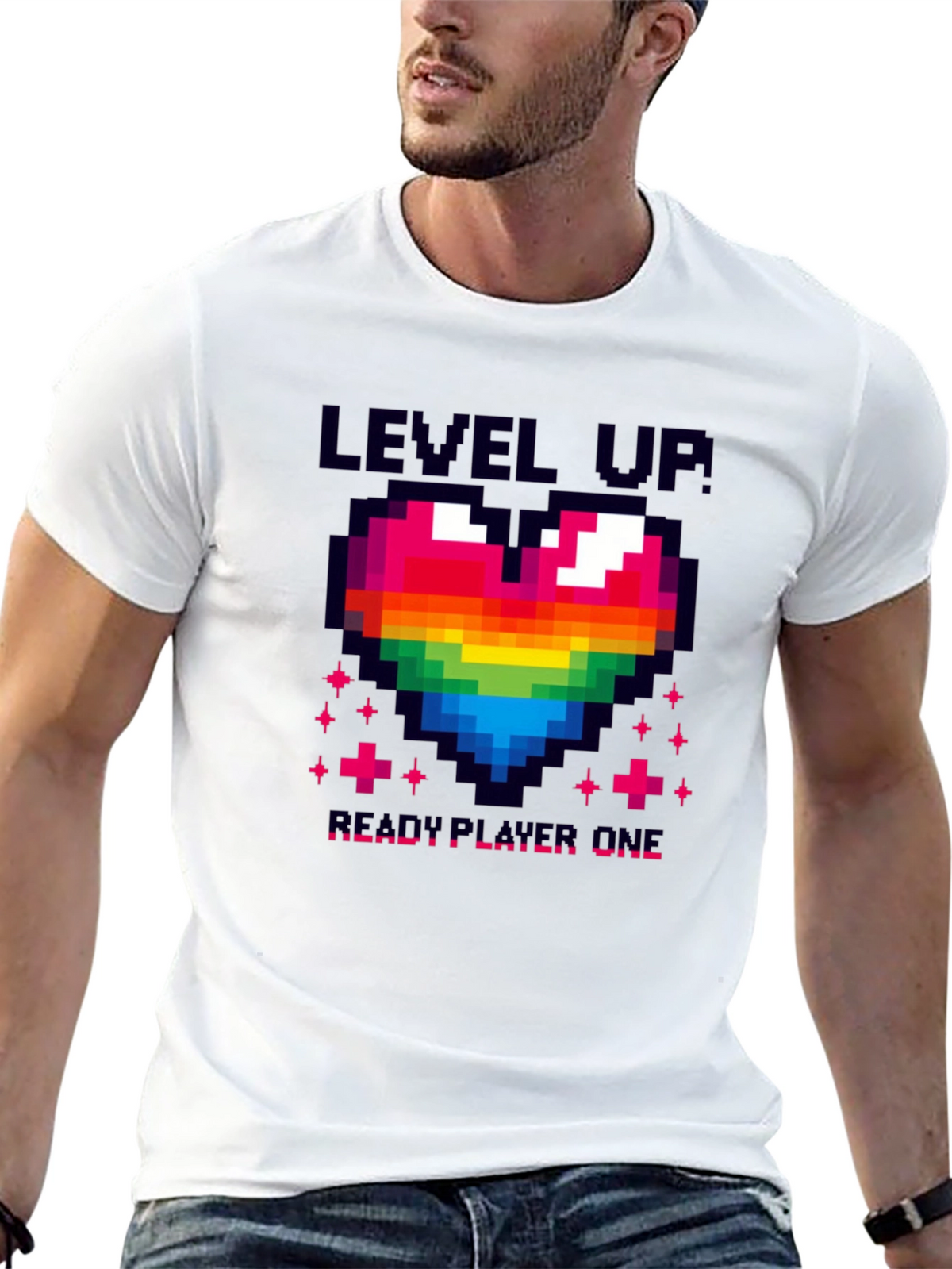 Level Up! Pixel Art Rainbow Heart Gamer T-Shirt
