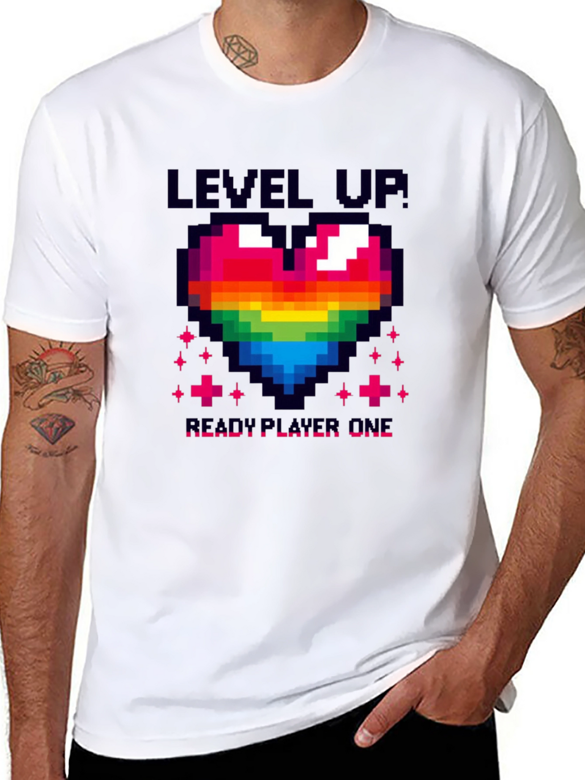 Level Up! Pixel Art Rainbow Heart Gamer T-Shirt