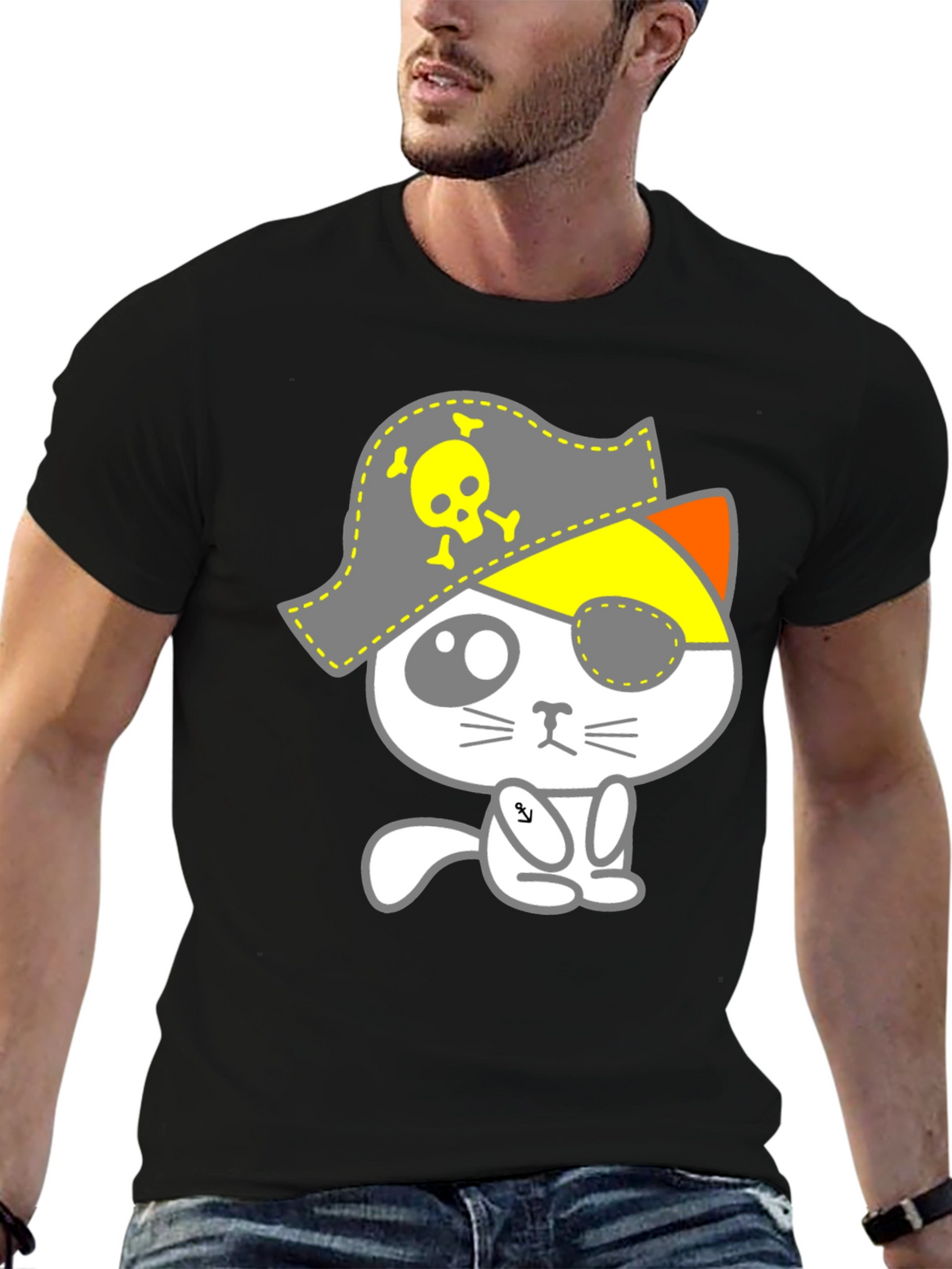 Pirate Cat Graphic T-Shirt - Mens Black Tee
