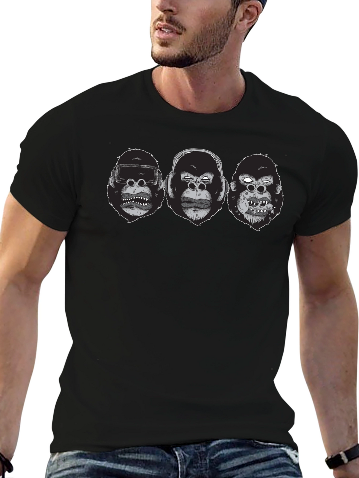 Gorilla Faces Graphic Print Black T-Shirt