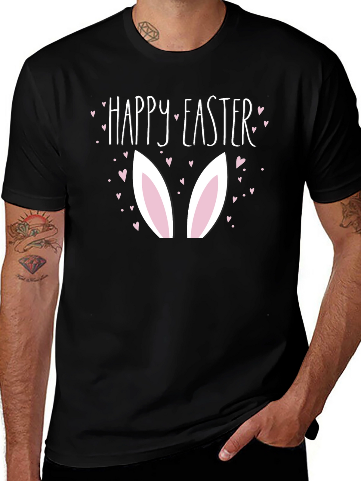 Happy Easter Bunny Ears Graphic Black T-Shirt