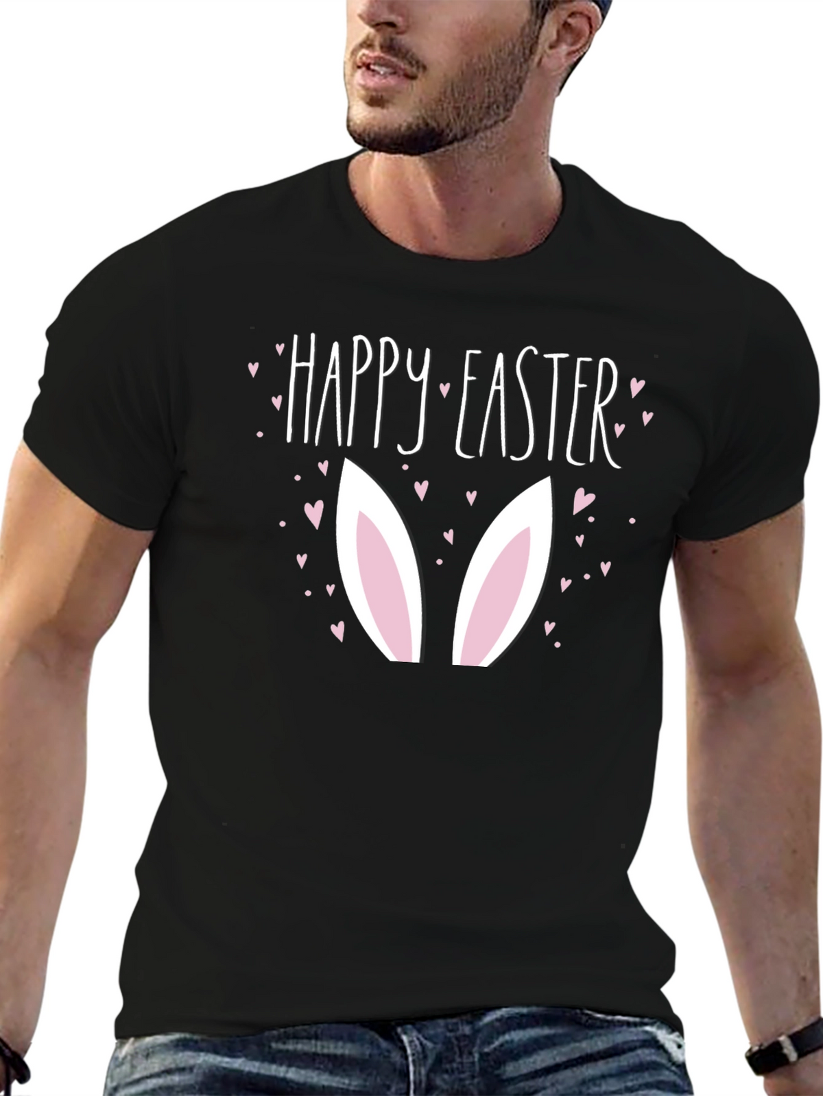 Happy Easter Bunny Ears Graphic Black T-Shirt