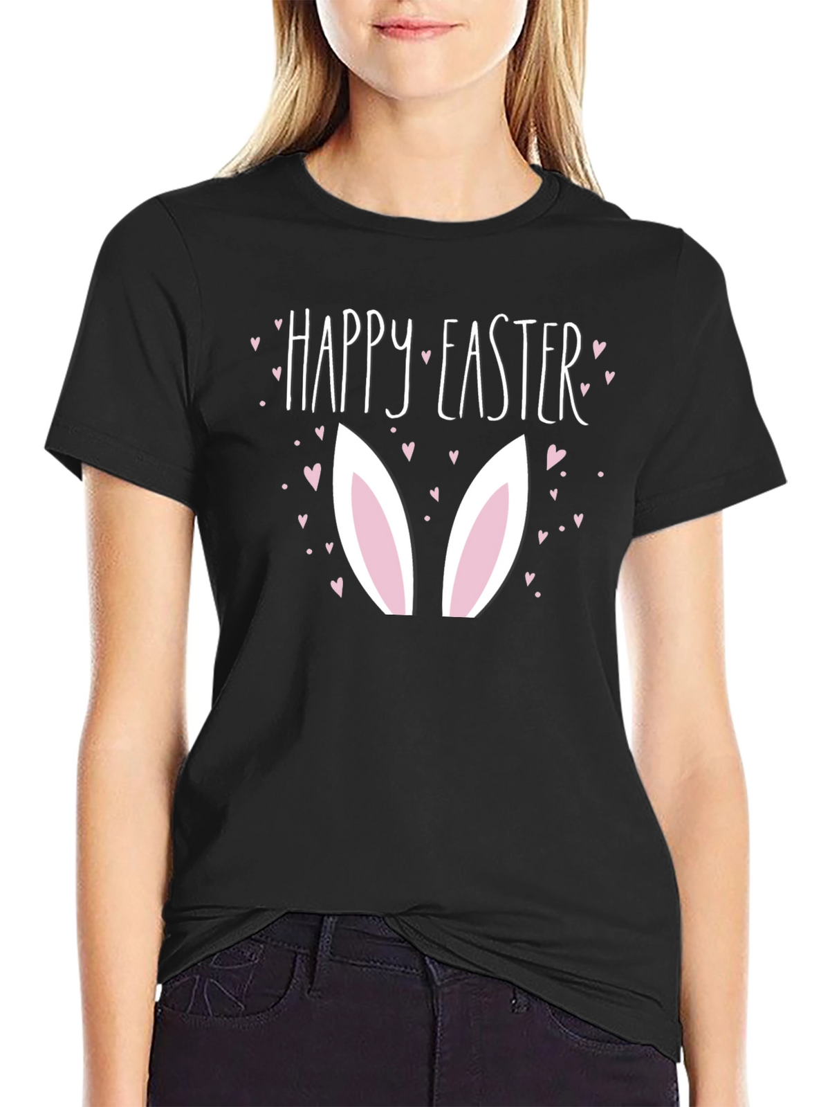 Happy Easter Bunny Ears Graphic Black T-Shirt