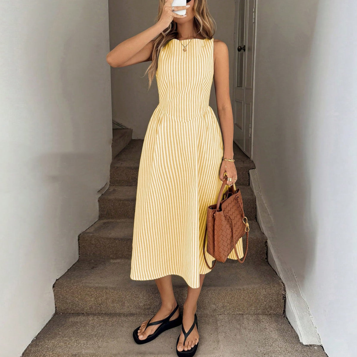 Women's Casual Stripe Sleeveless Loose A-Line Dress