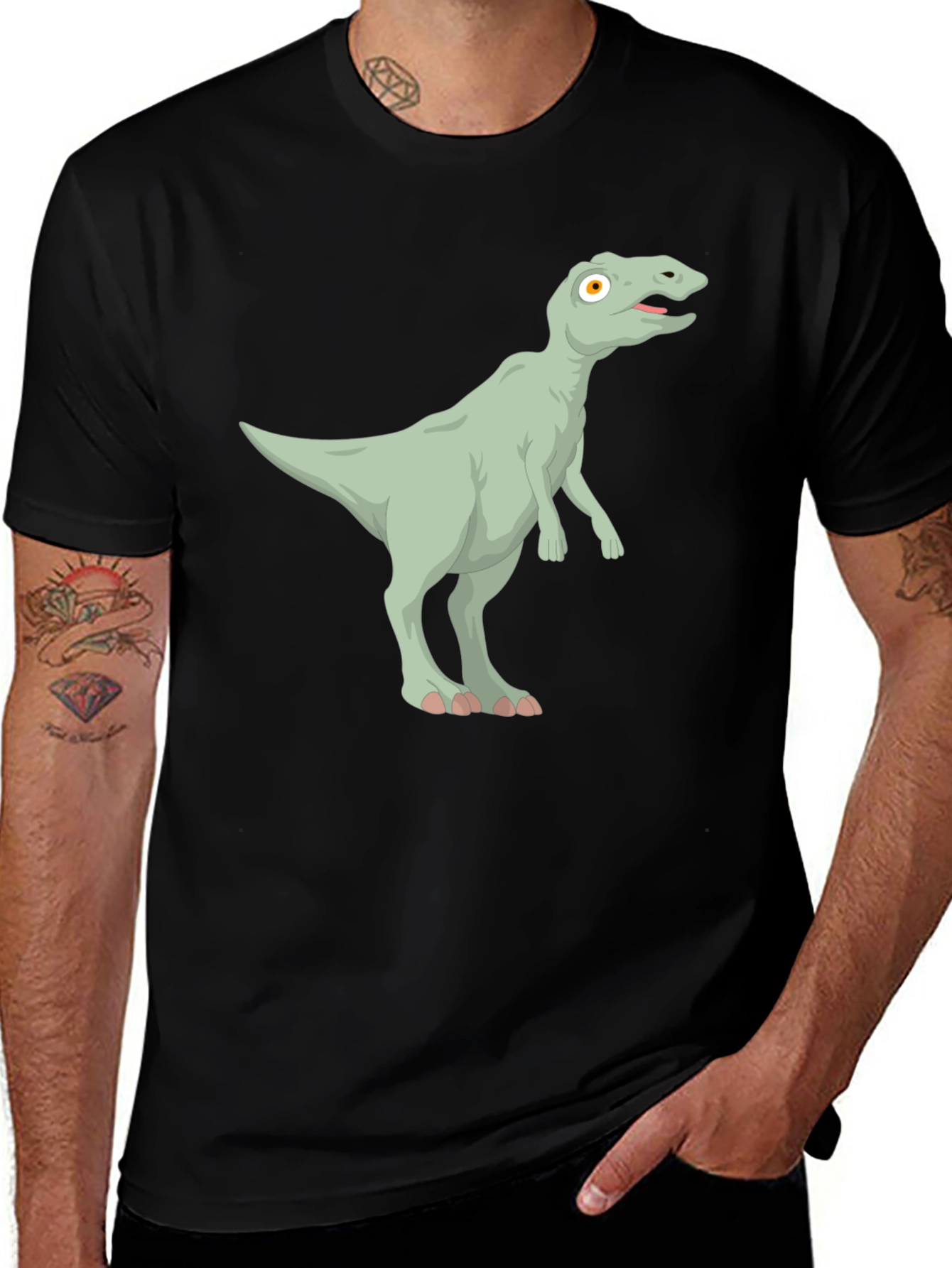 Cartoon Dinosaur Graphic Tee - Black Cotton T-Shirt