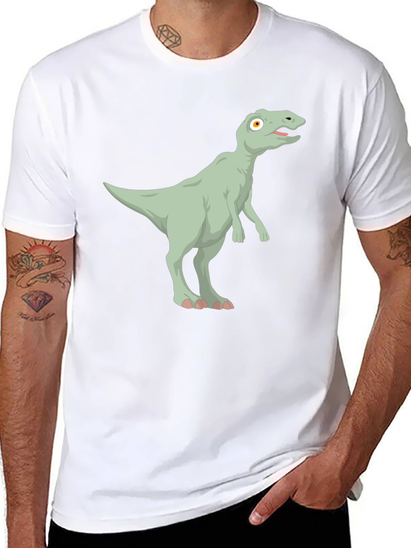 Cartoon Dinosaur Graphic Tee - Black Cotton T-Shirt