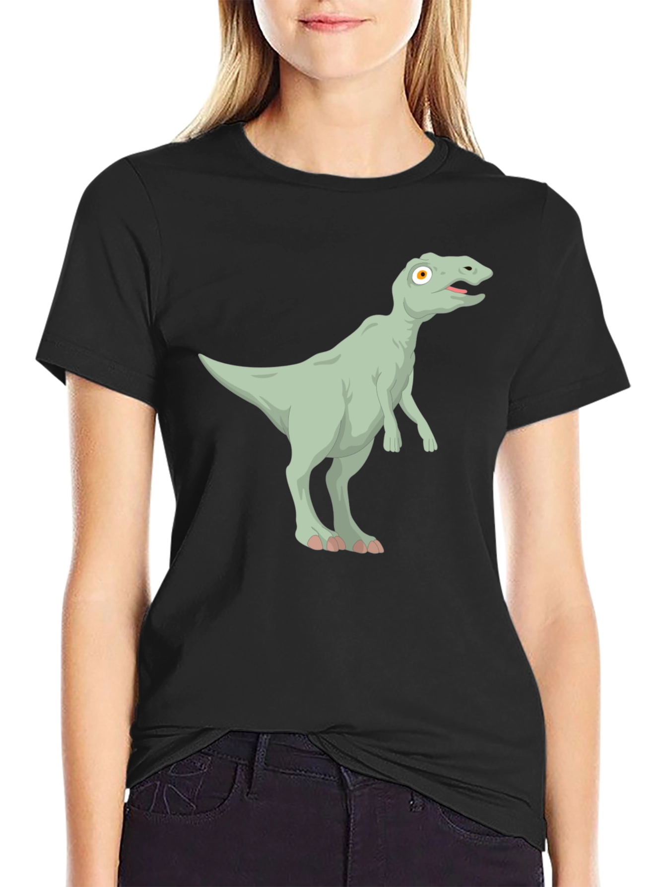 Cartoon Dinosaur Graphic Tee - Black Cotton T-Shirt