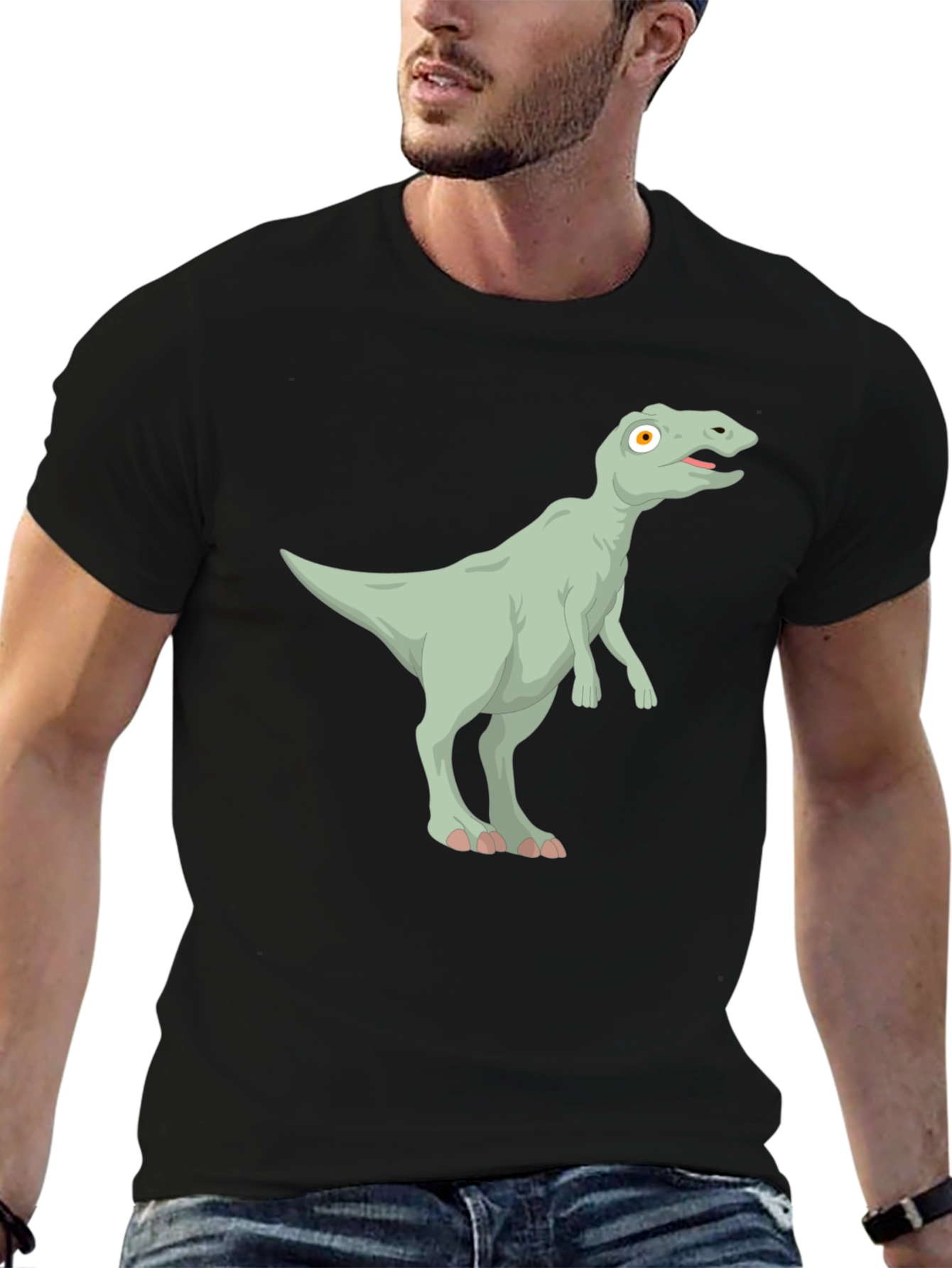 Cartoon Dinosaur Graphic Tee - Black Cotton T-Shirt