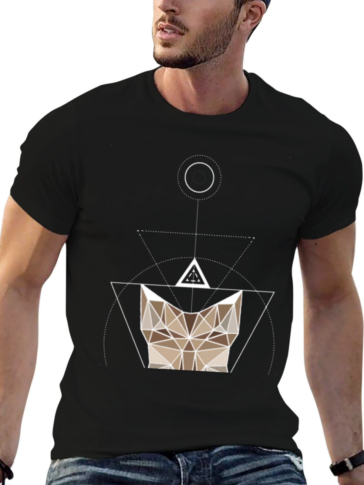 Geometric Cat Head Black T-Shirt - Modern Design