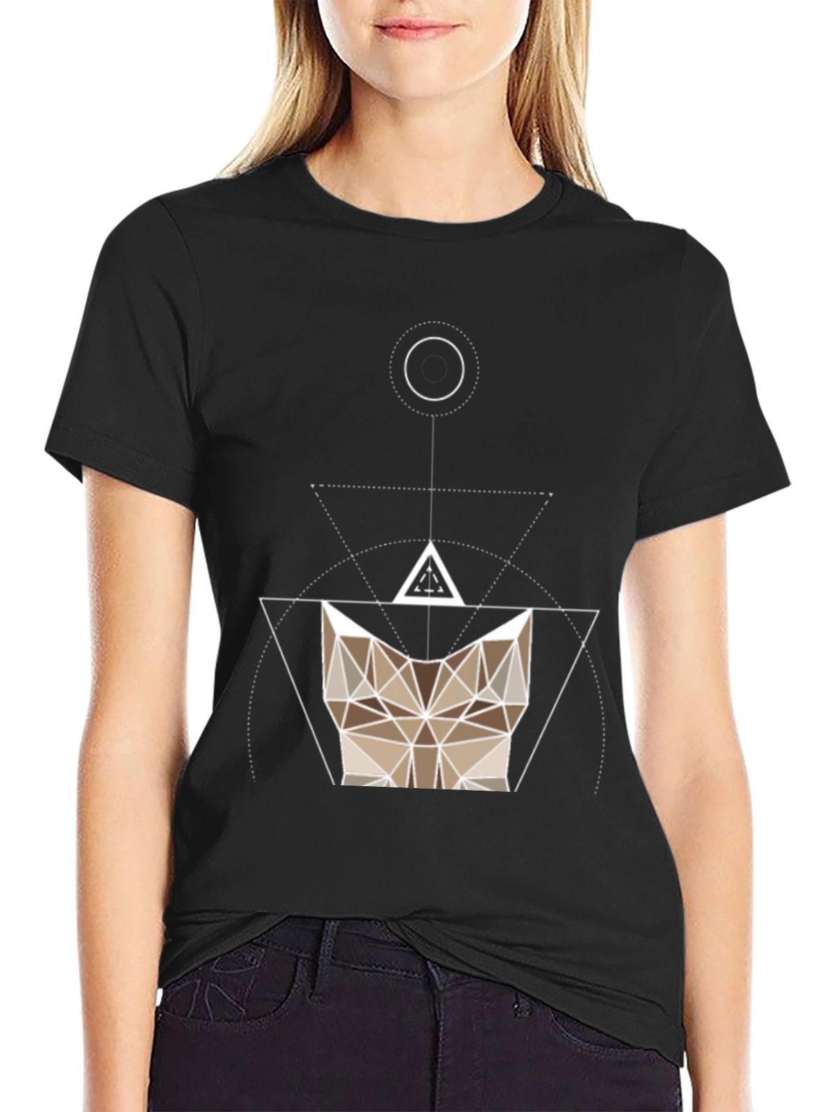 Geometric Cat Head Black T-Shirt - Modern Design