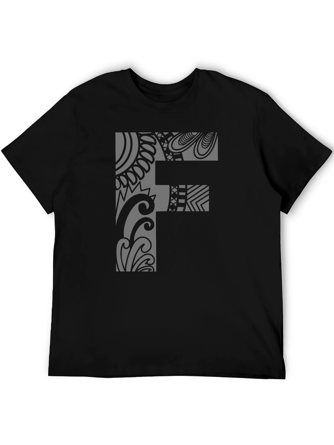 Tribal Pattern F Letter Black T-Shirt