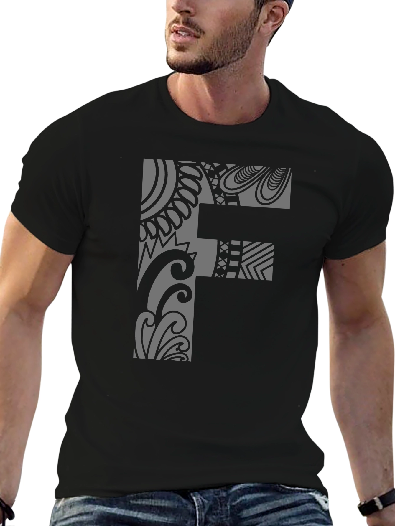 Tribal Pattern F Letter Black T-Shirt
