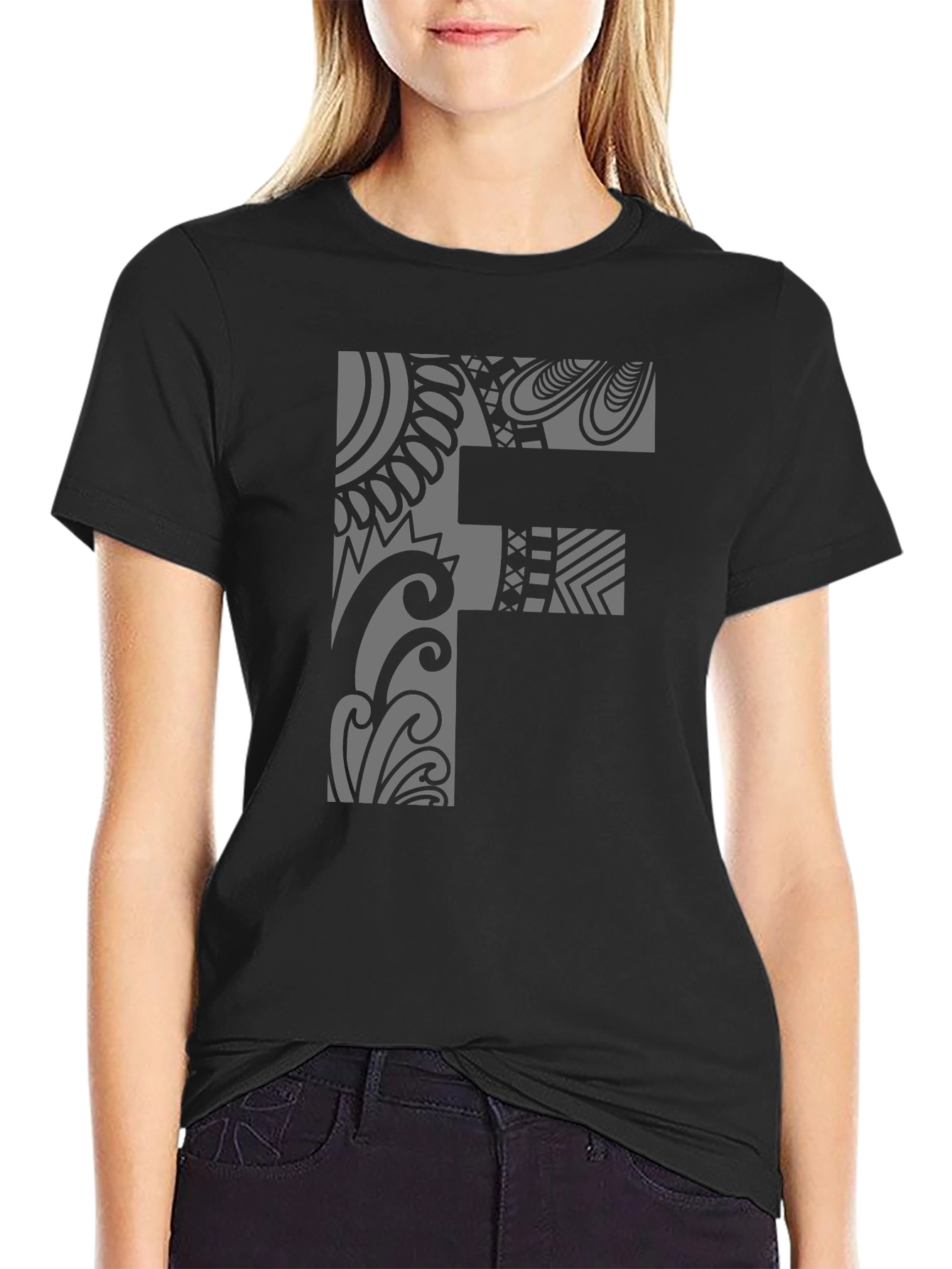 Tribal Pattern F Letter Black T-Shirt