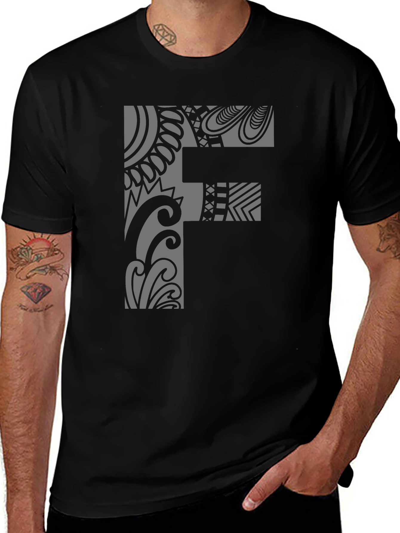 Tribal Pattern F Letter Black T-Shirt