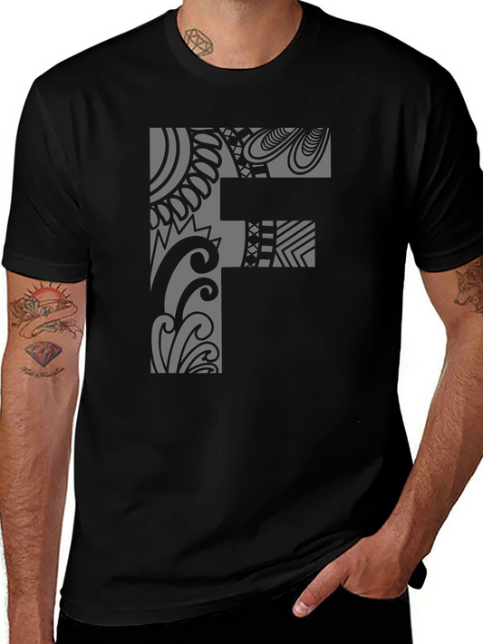 Tribal Pattern F Letter Black T-Shirt