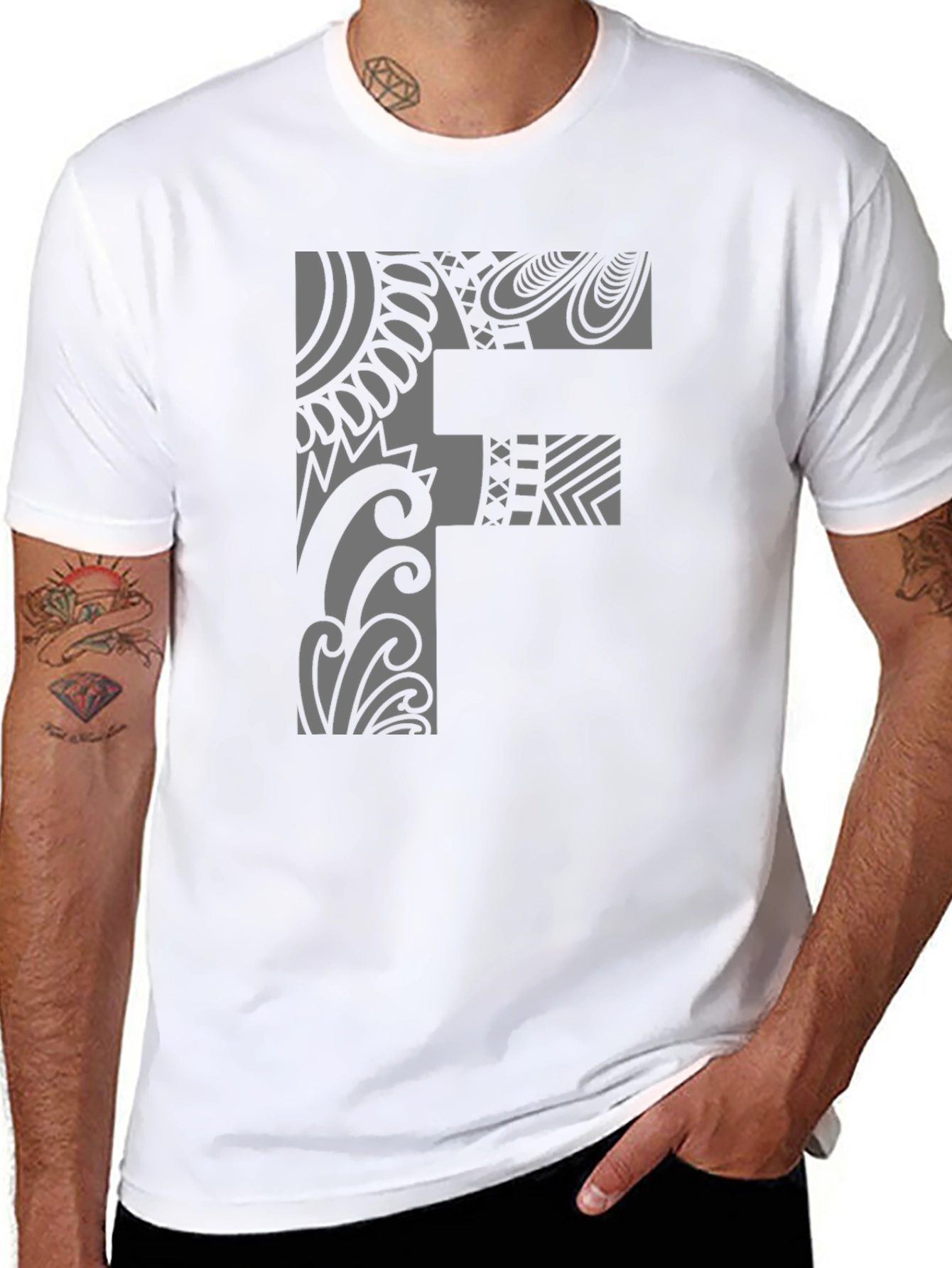 Tribal Pattern F Letter Black T-Shirt