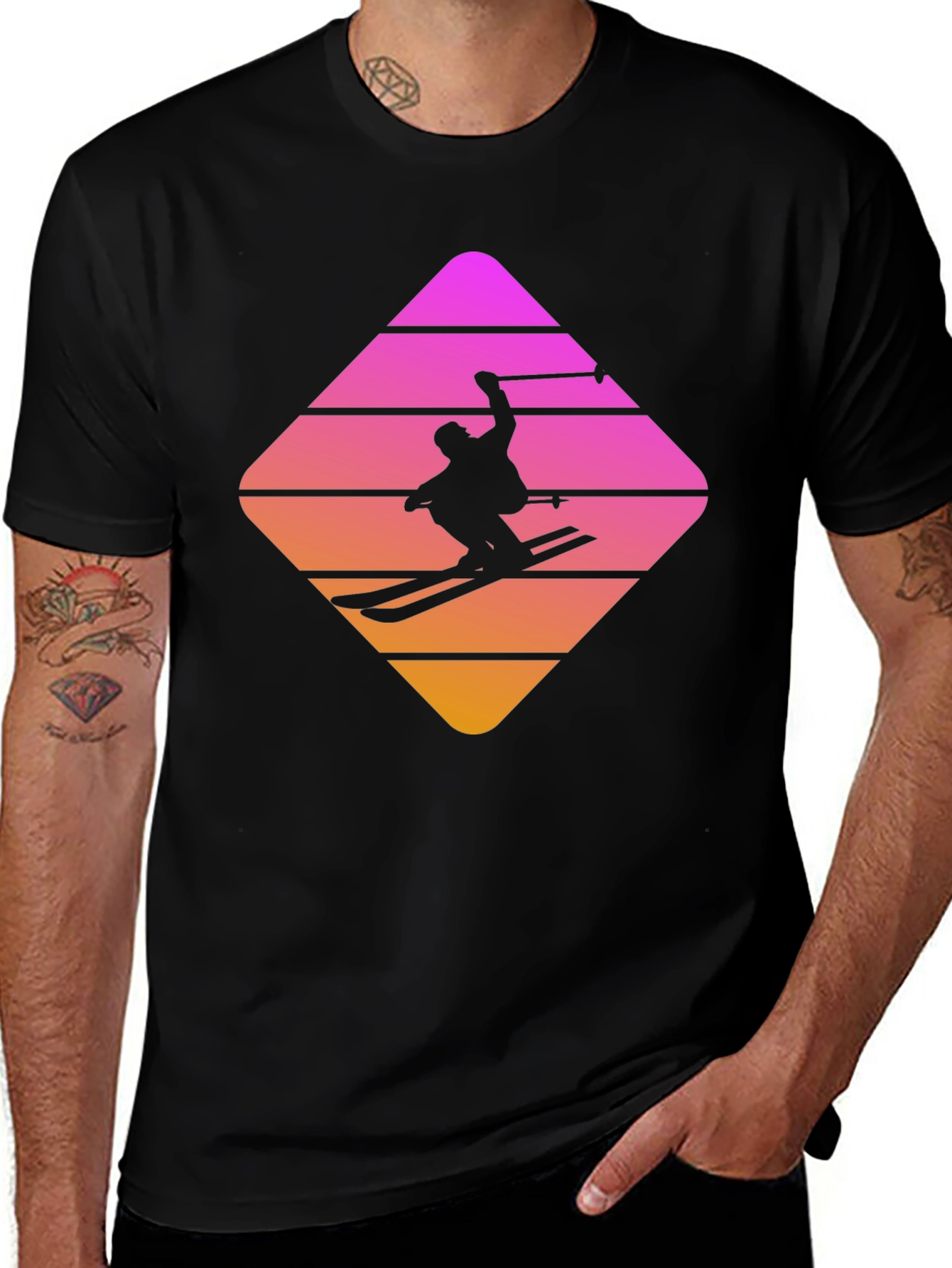 Retro Skiing T-Shirt - Stylish Black Cotton Blend Tee