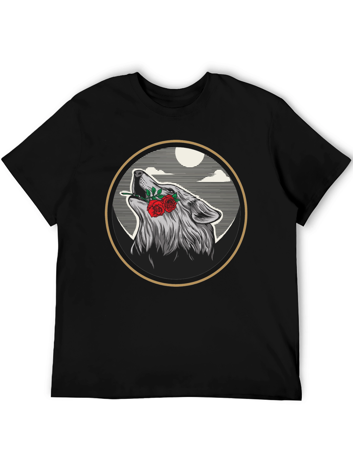 Wolf & Roses Graphic Tee - Artistic Black T-Shirt