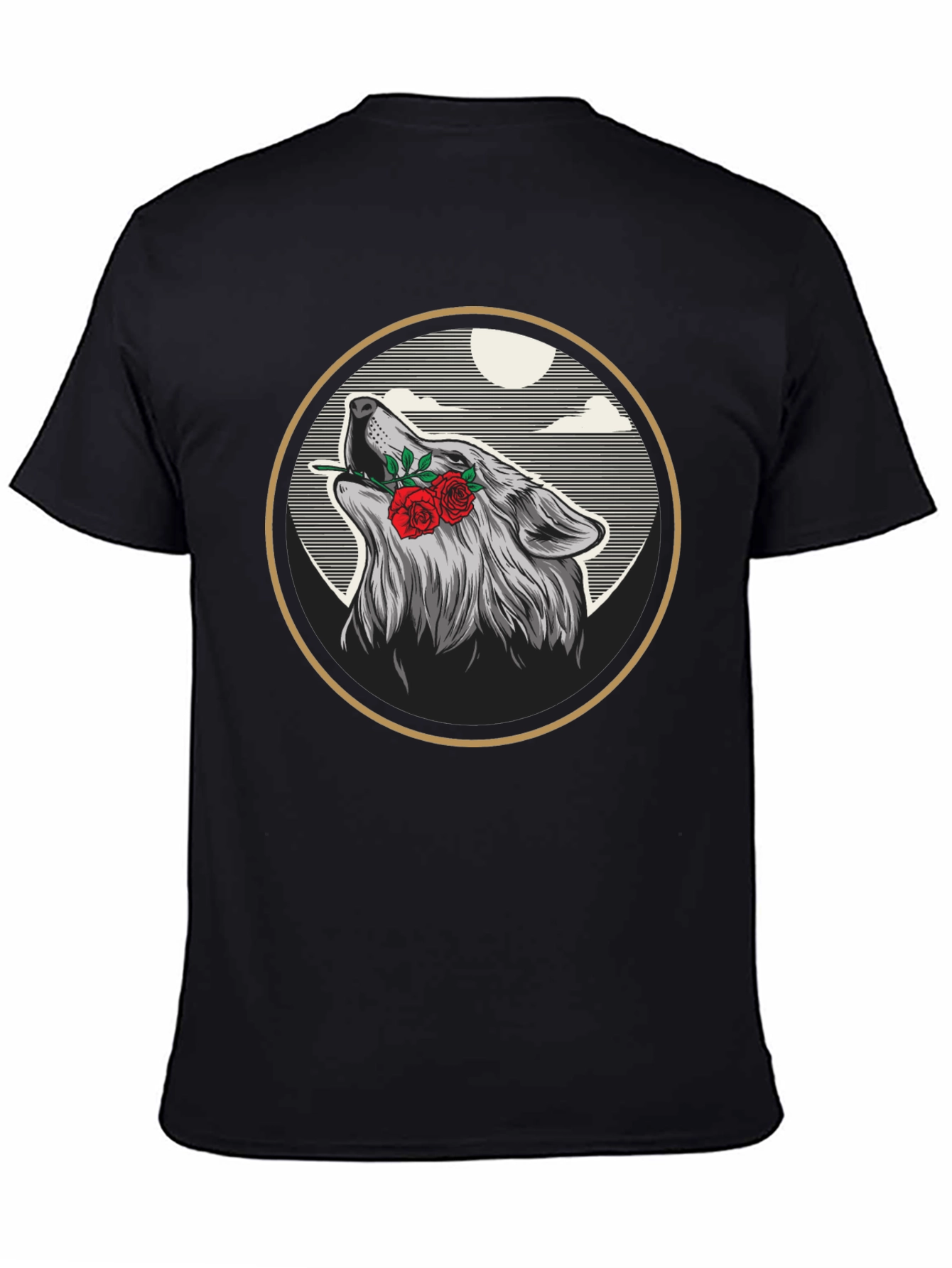 Wolf & Roses Graphic Tee - Artistic Black T-Shirt