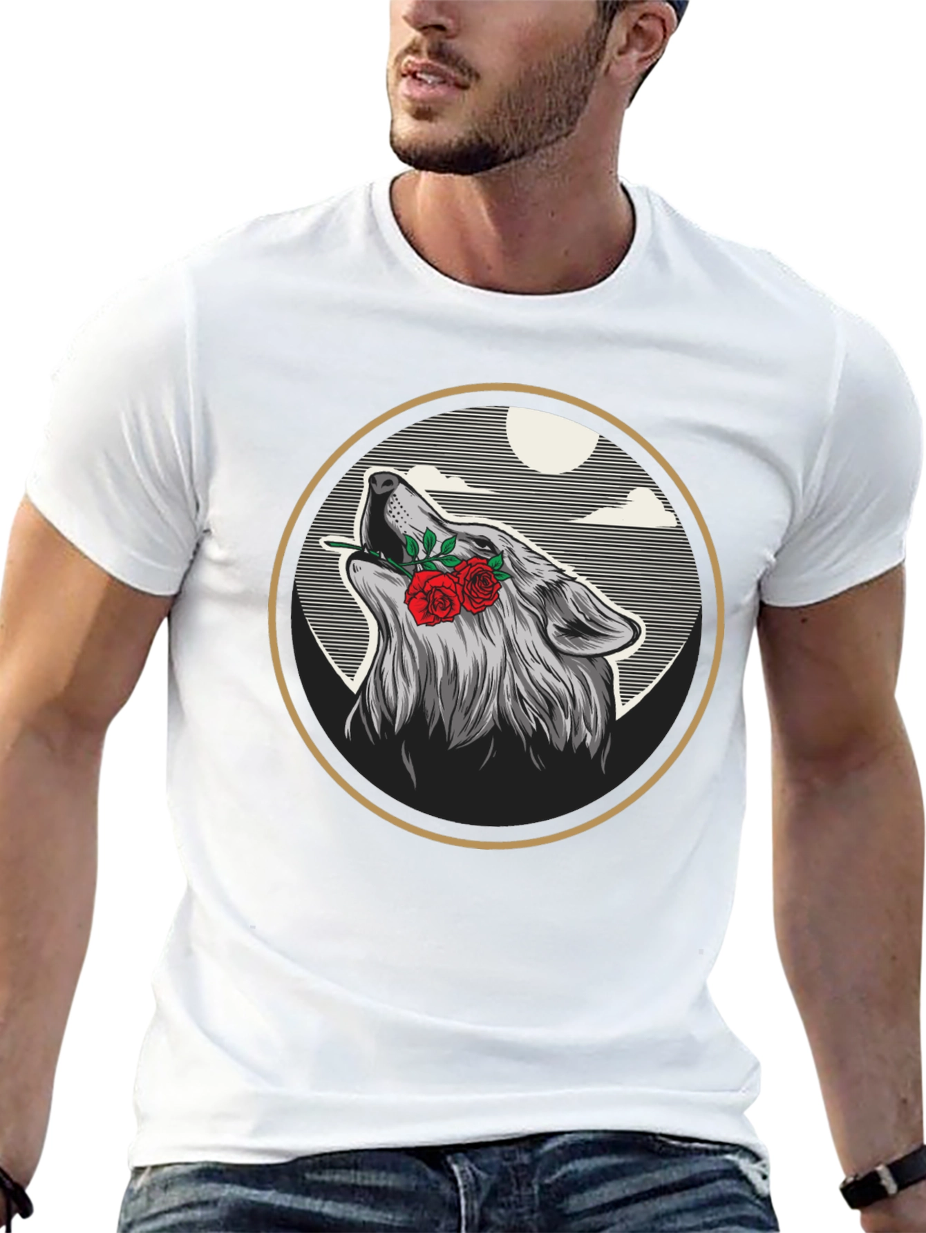 Wolf & Roses Graphic Tee - Artistic Black T-Shirt