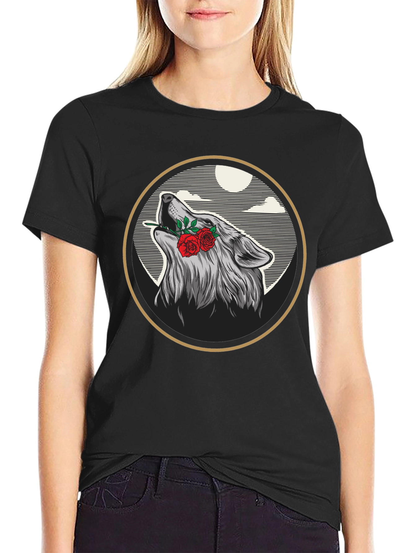 Wolf & Roses Graphic Tee - Artistic Black T-Shirt