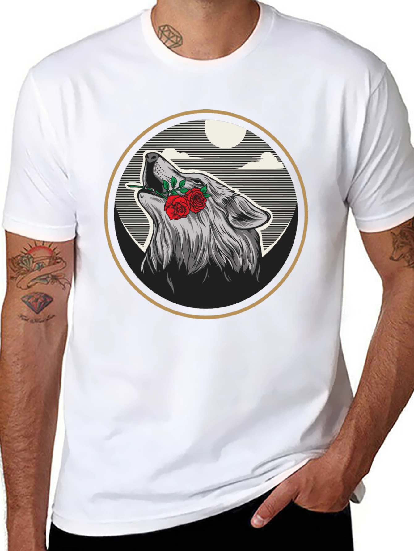 Wolf & Roses Graphic Tee - Artistic Black T-Shirt