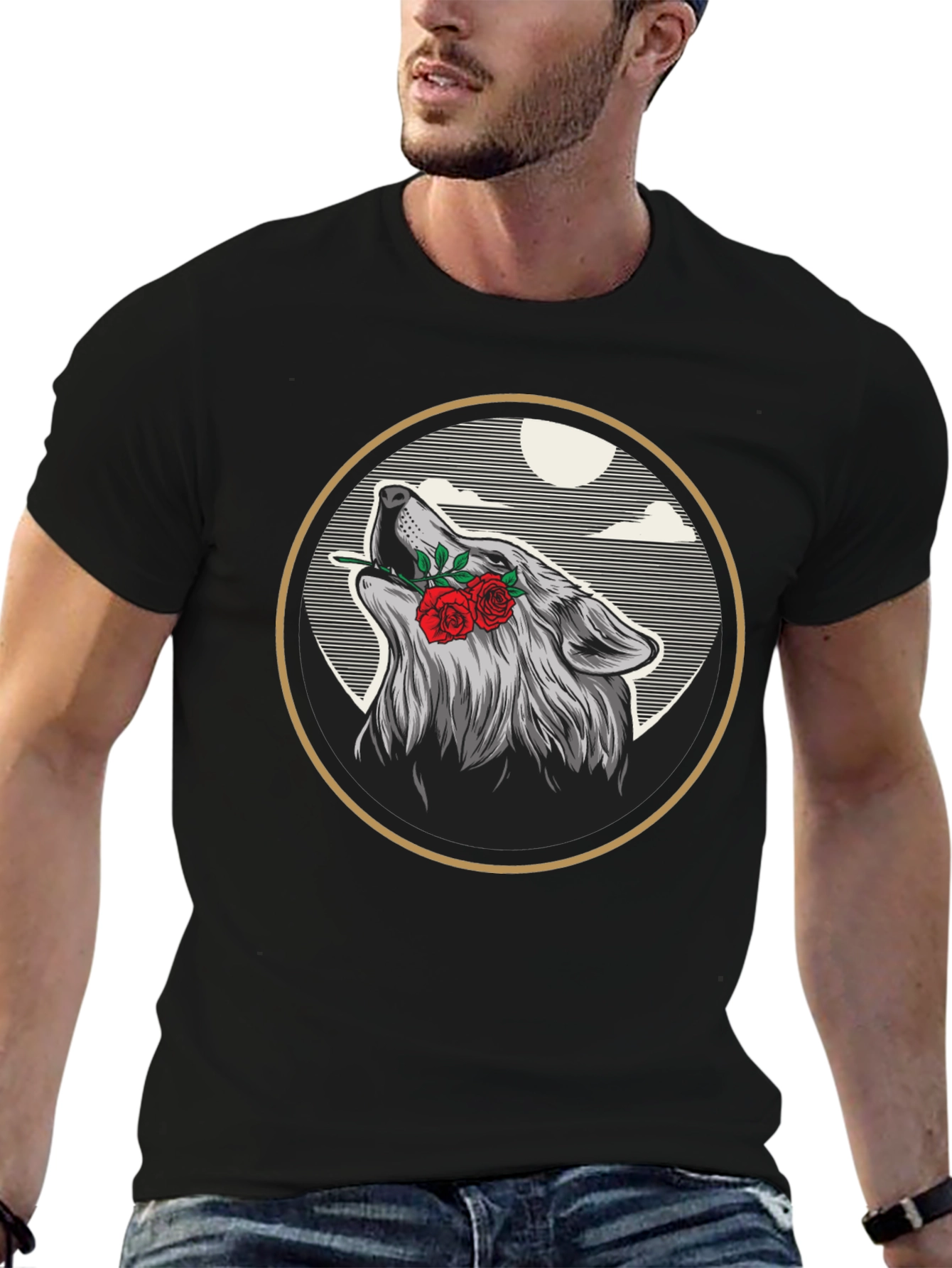 Wolf & Roses Graphic Tee - Artistic Black T-Shirt