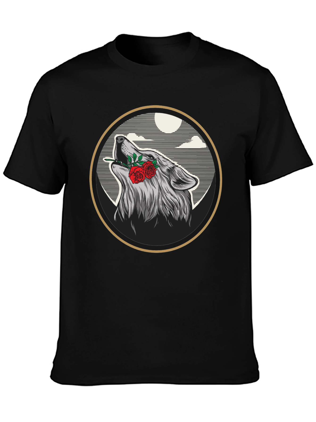Wolf & Roses Graphic Tee - Artistic Black T-Shirt