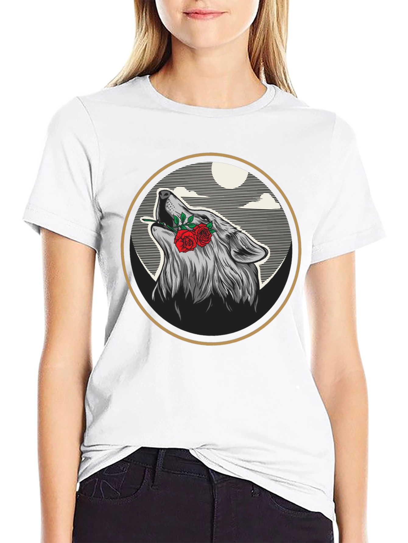 Wolf & Roses Graphic Tee - Artistic Black T-Shirt