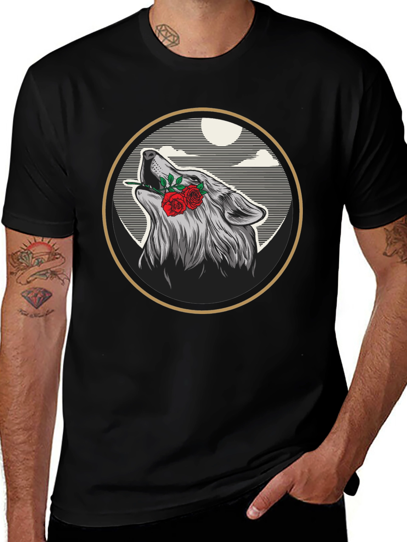 Wolf & Roses Graphic Tee - Artistic Black T-Shirt