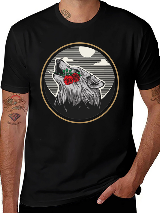 Wolf & Roses Graphic Tee - Artistic Black T-Shirt