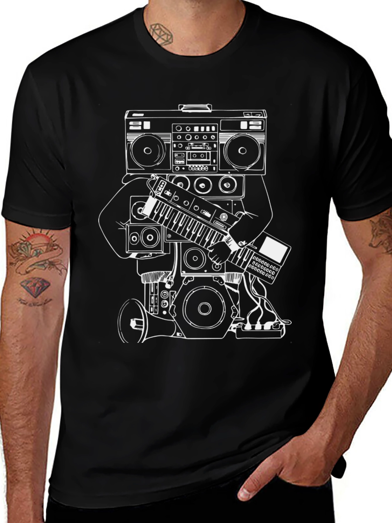 Cool Graphic Tee - Boombox & Keyboard Design