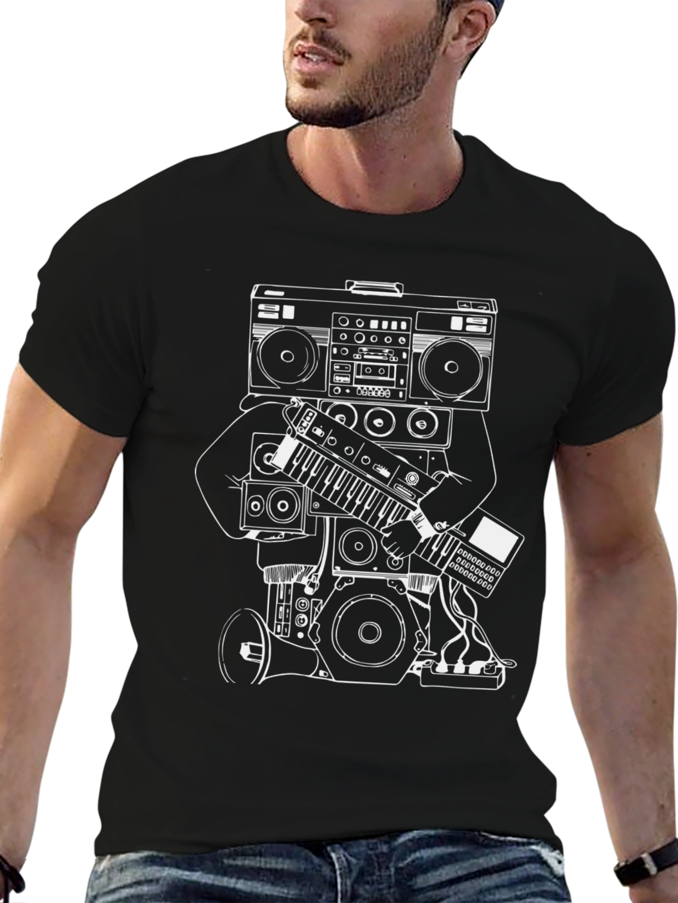 Cool Graphic Tee - Boombox & Keyboard Design
