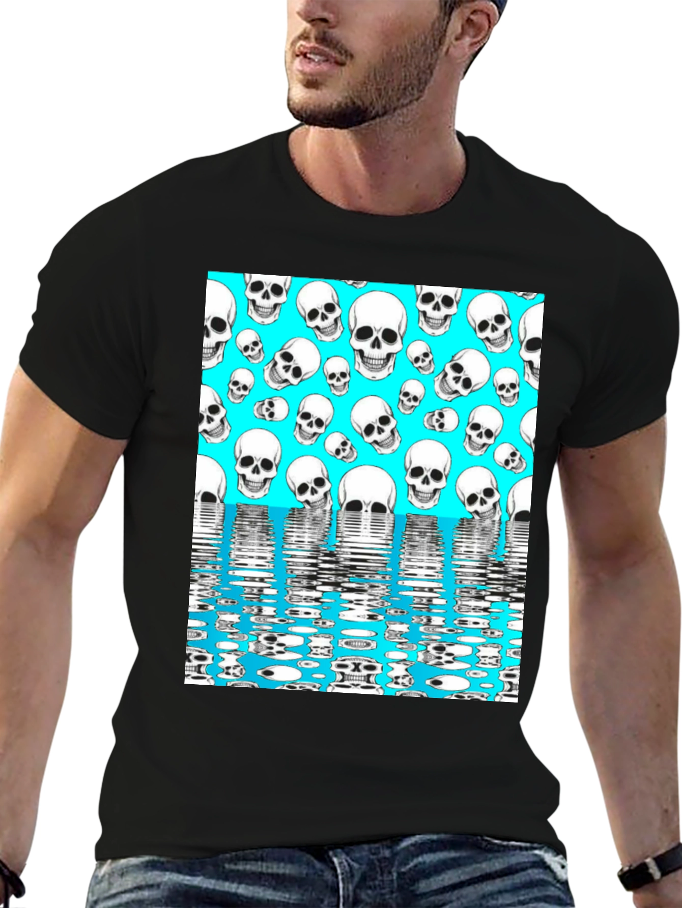 Skull Pattern T-Shirt - Aqua Blue