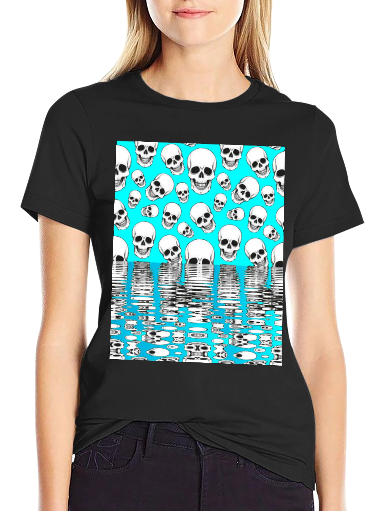 Skull Pattern T-Shirt - Aqua Blue