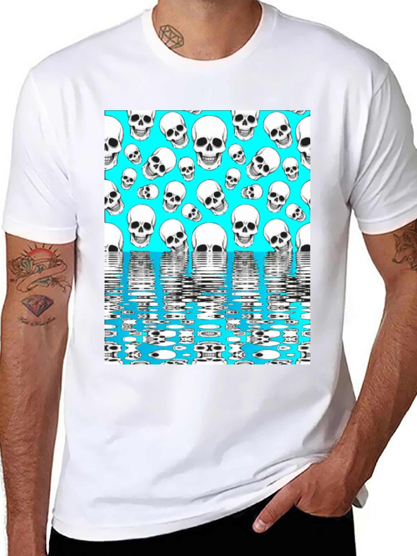 Skull Pattern T-Shirt - Aqua Blue