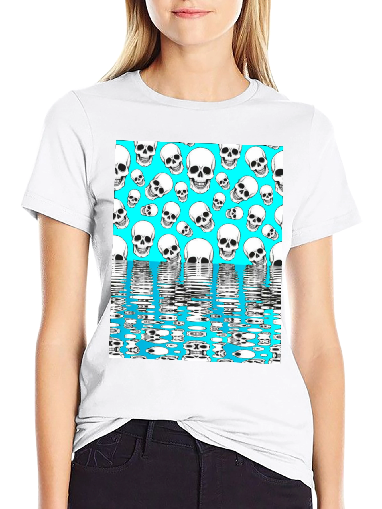 Skull Pattern T-Shirt - Aqua Blue