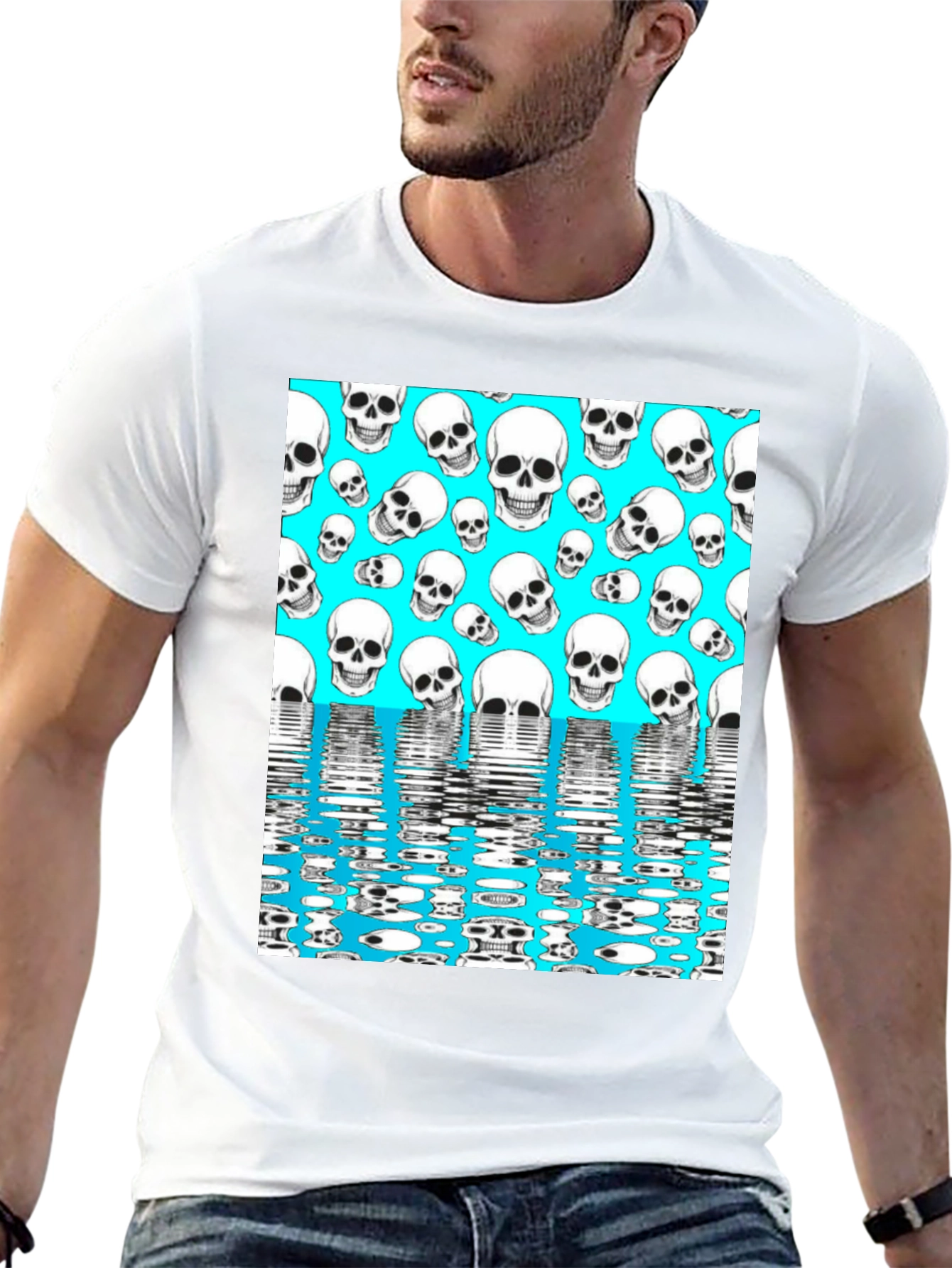 Skull Pattern T-Shirt - Aqua Blue