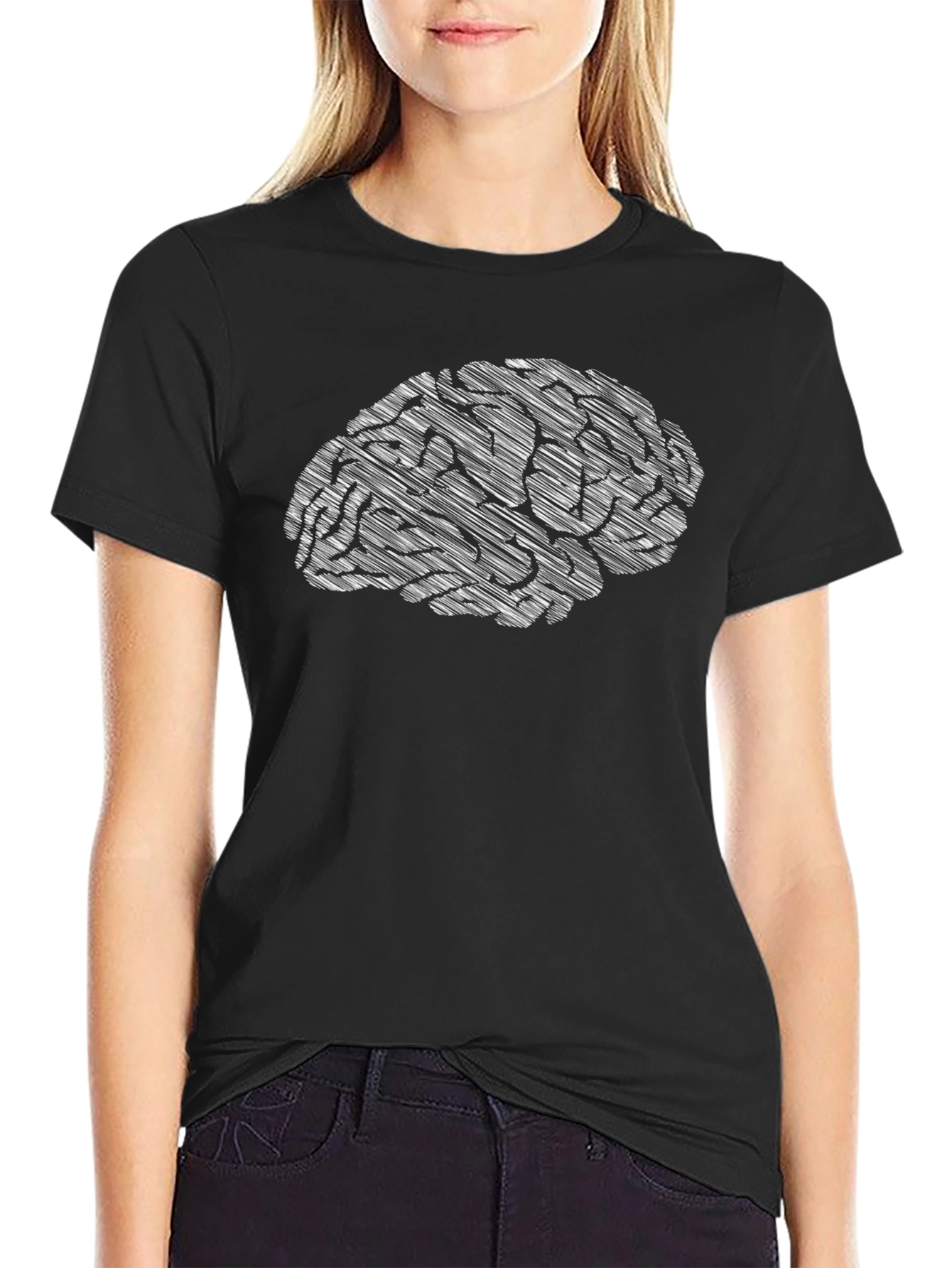 Brain Sketch Graphic Tee - Black Cotton Casual T-Shirt