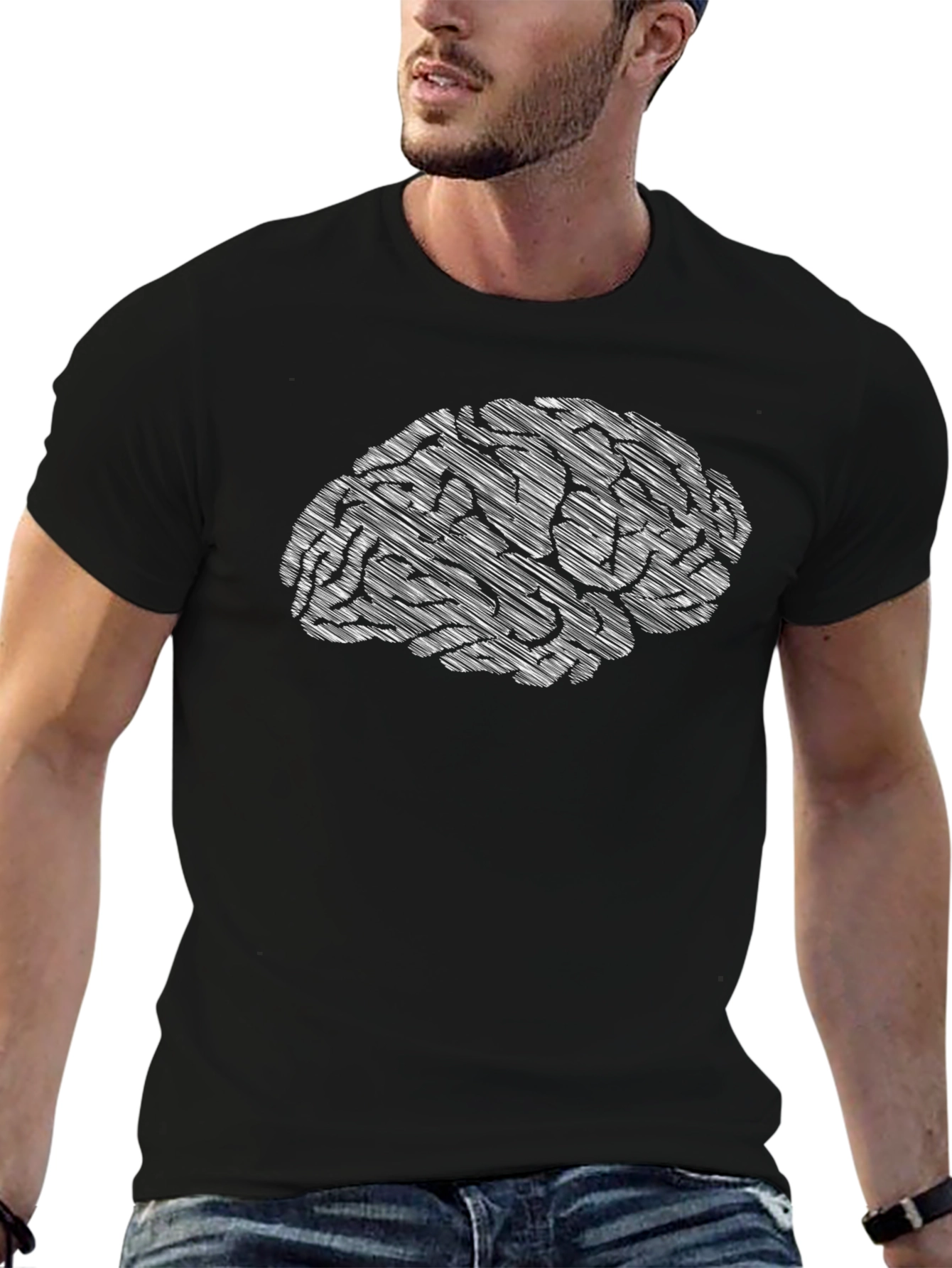 Brain Sketch Graphic Tee - Black Cotton Casual T-Shirt
