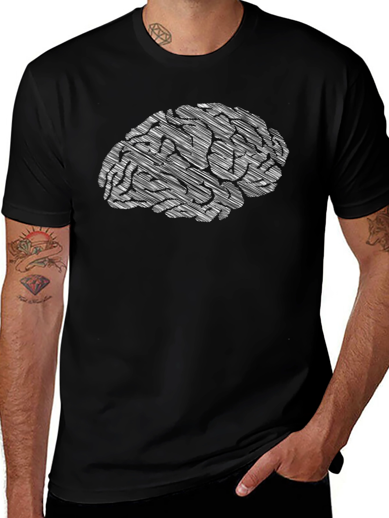 Brain Sketch Graphic Tee - Black Cotton Casual T-Shirt