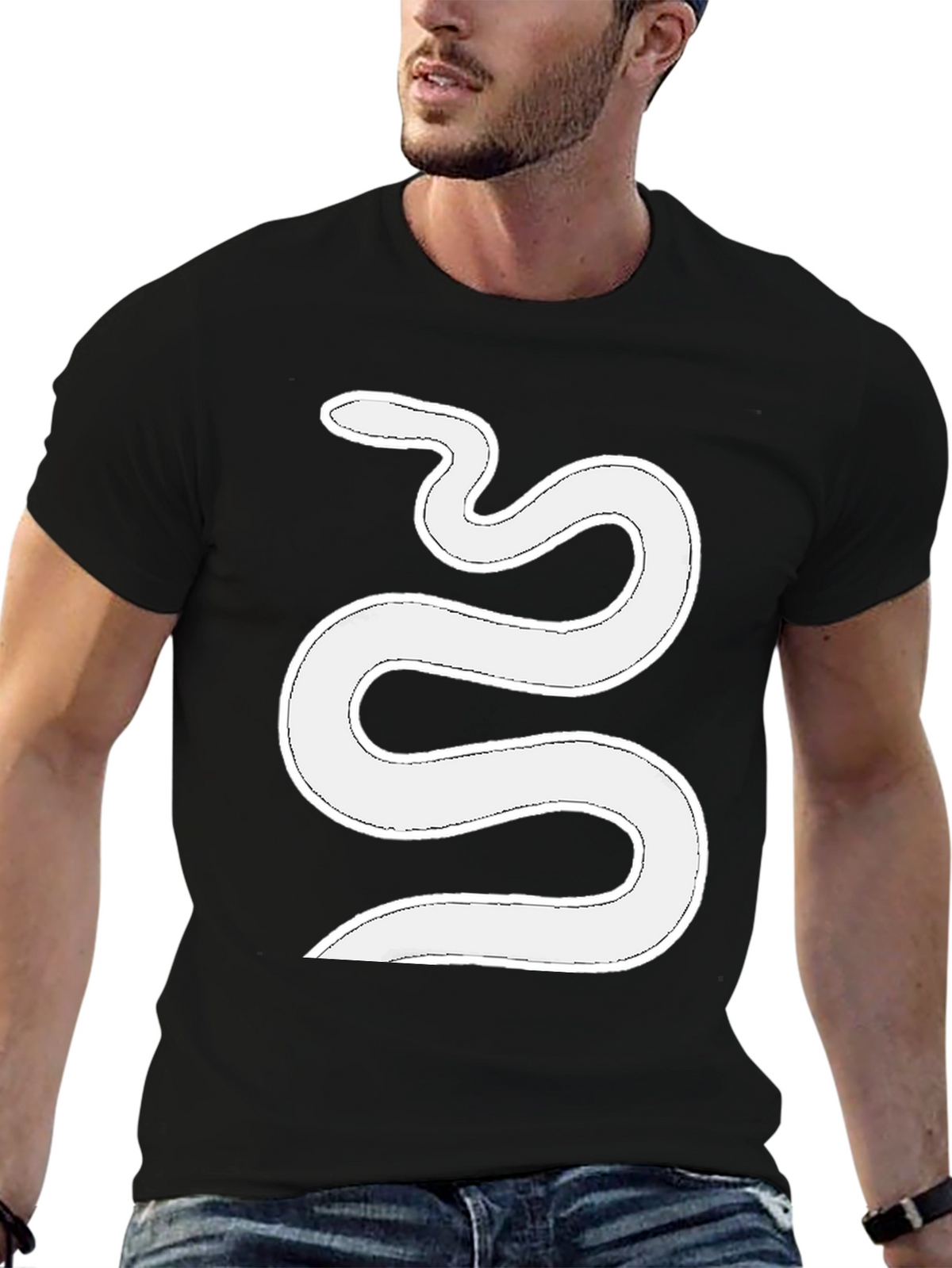 Mens Black T-Shirt with White Snake Graphic
