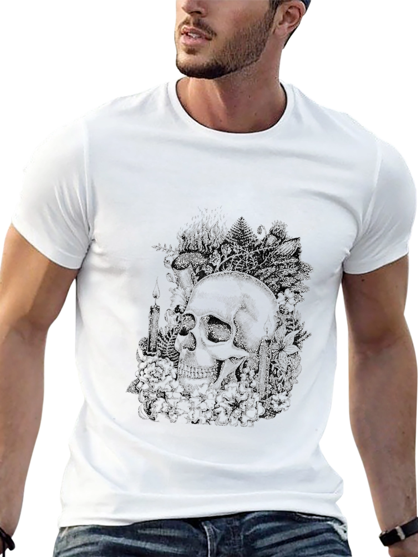 Skull and Floral Graphic Print Tee