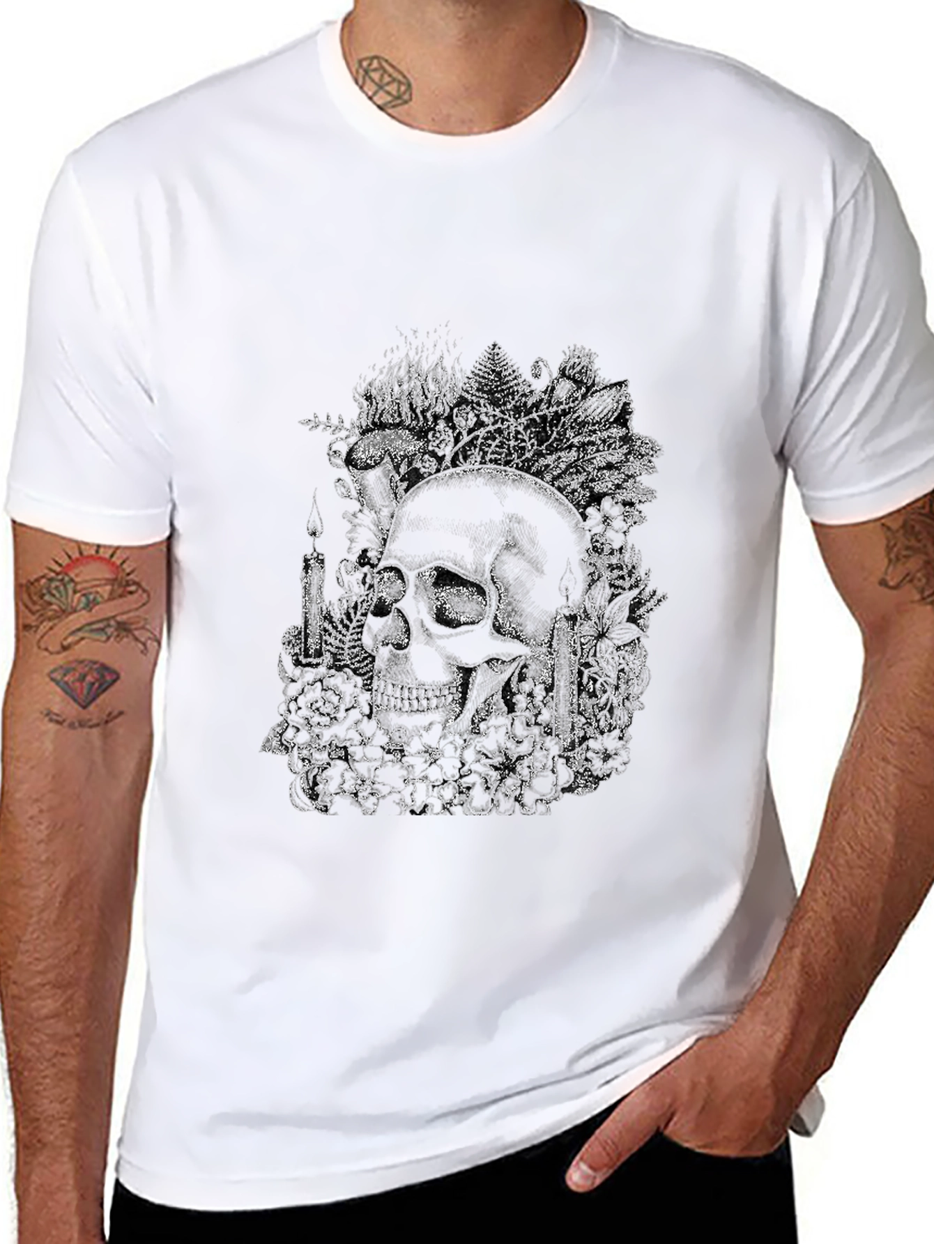 Skull and Floral Graphic Print Tee