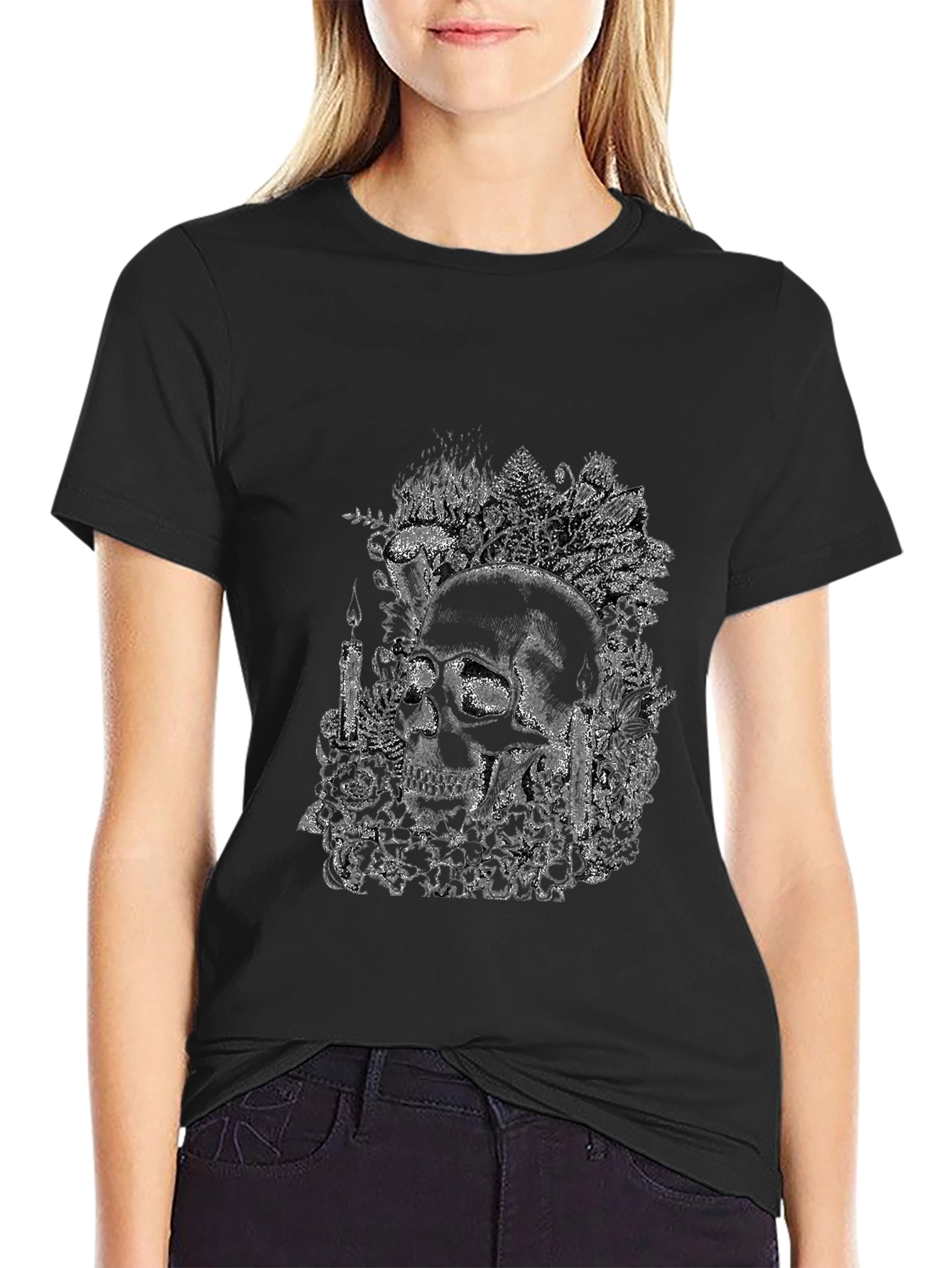 Skull and Floral Graphic Print Tee